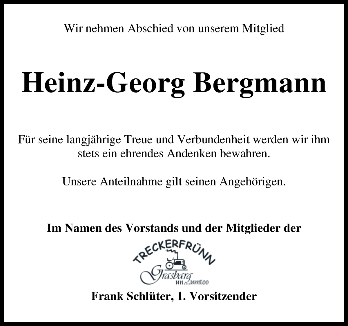 Traueranzeige von Heinz-Georg Bergmann von Wuemme Zeitung