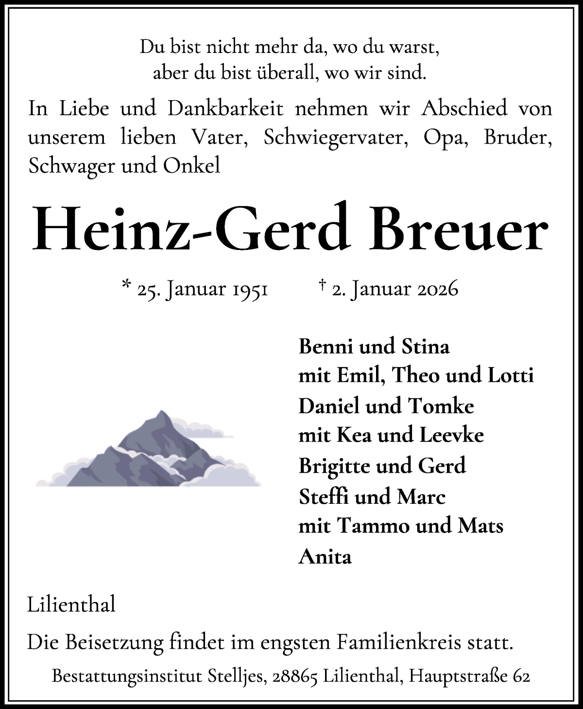 Traueranzeige von Heinz-Gerd Breuer von Wuemme Zeitung