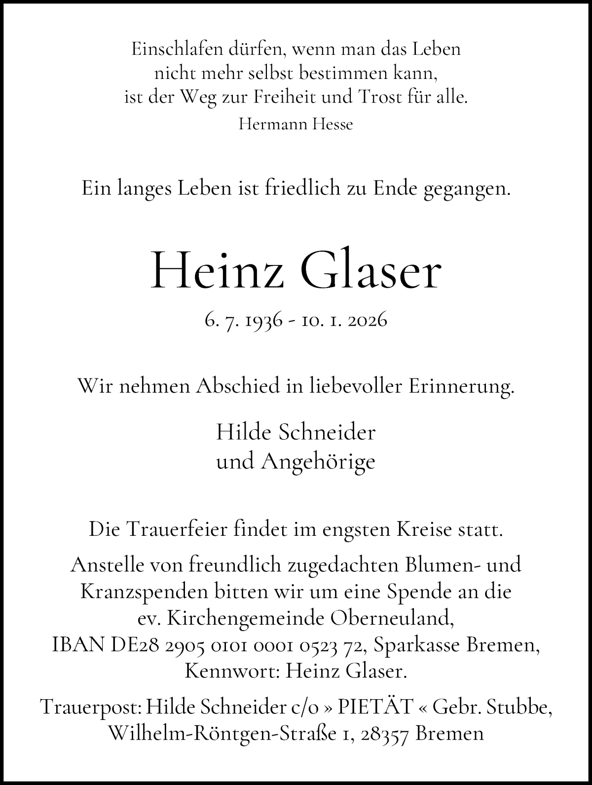 Traueranzeige von Heinz Glaser von WESER-KURIER