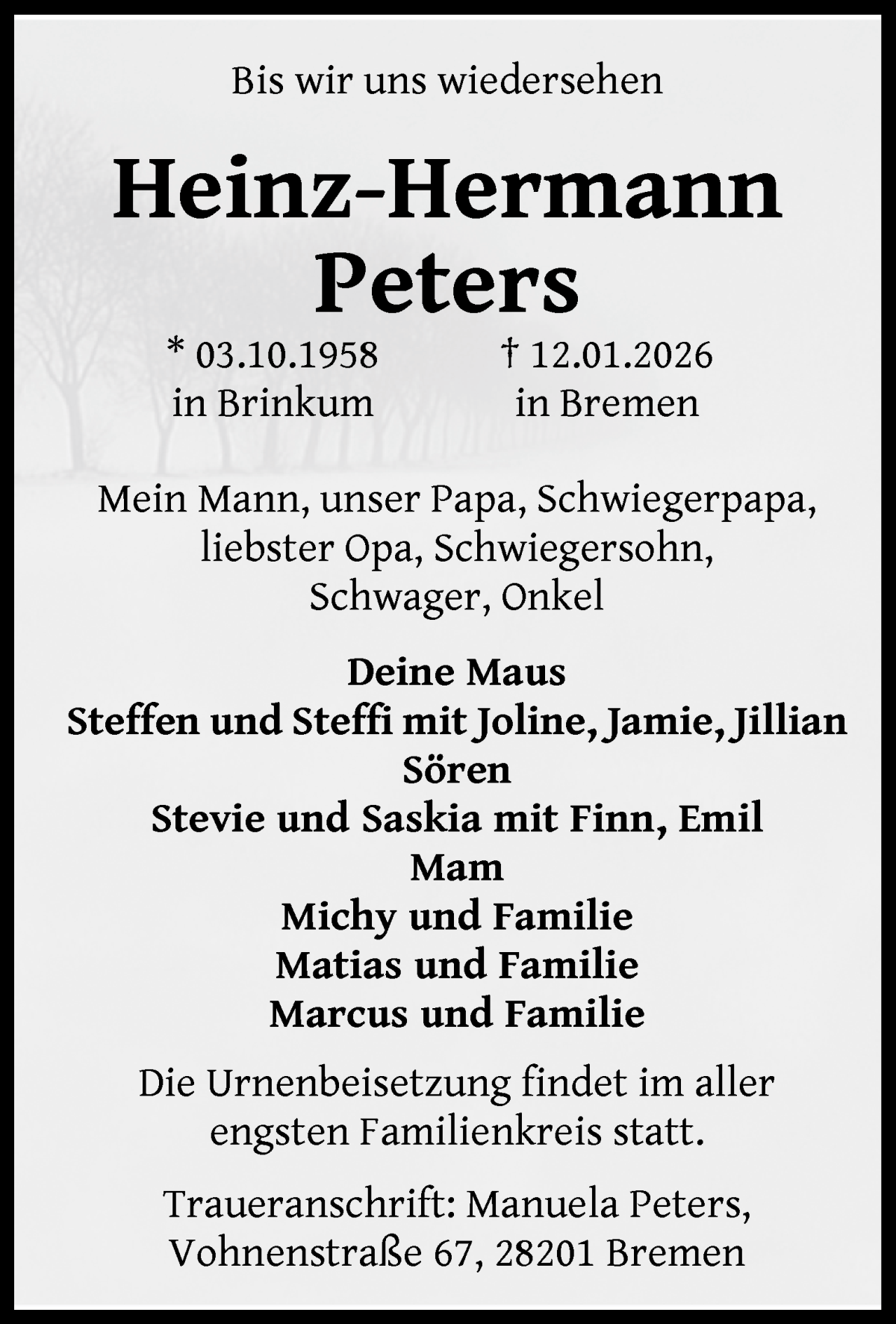 Traueranzeige von Heinz-Hermann Peters von WESER-KURIER