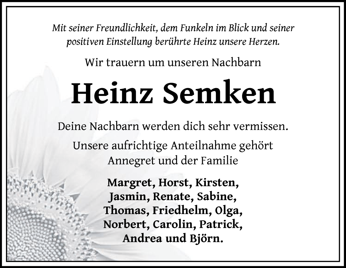 Traueranzeige von Heinz Semken von Wuemme Zeitung