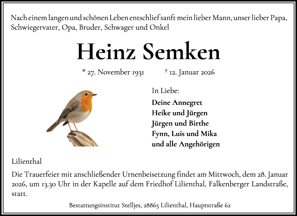 Traueranzeige von Heinz Semken von Wuemme Zeitung