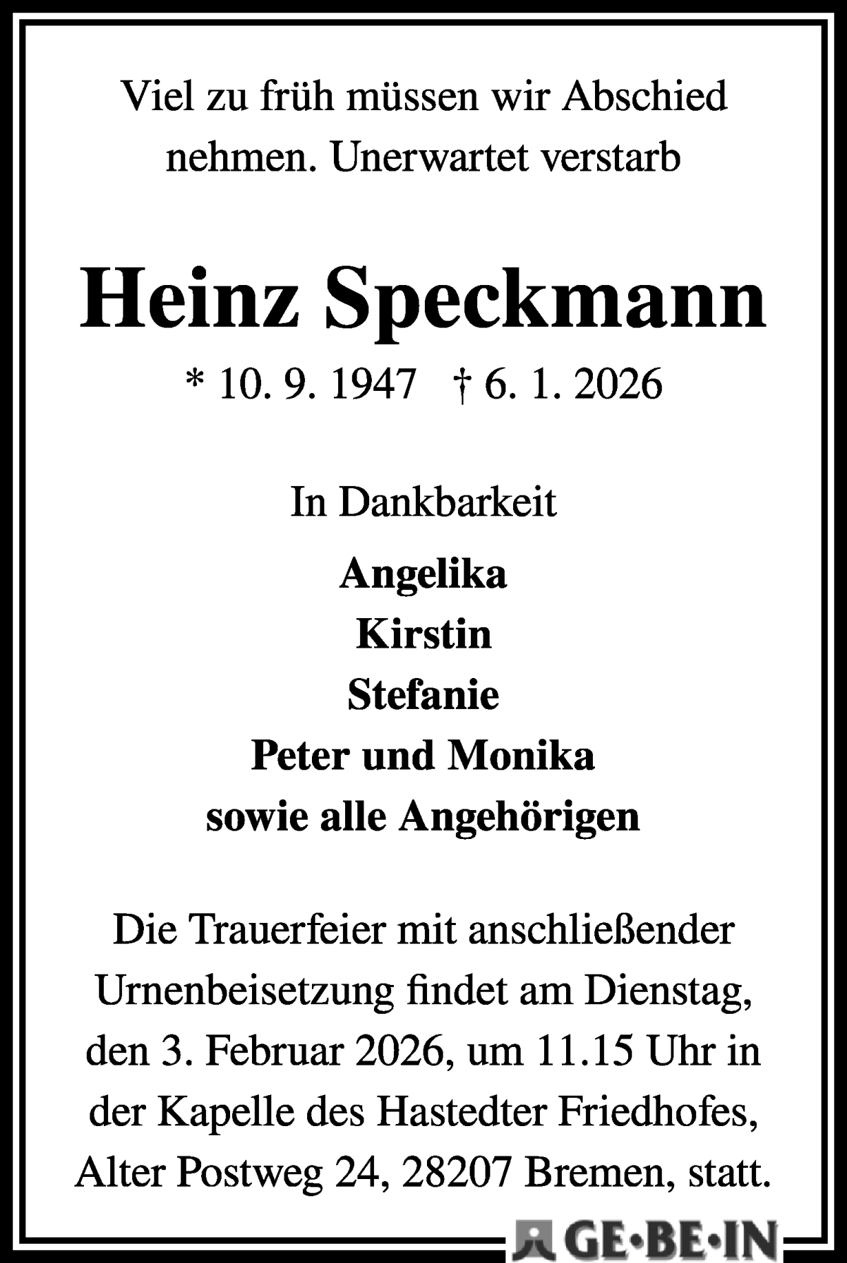 Traueranzeige von Heinz Speckmann von WESER-KURIER