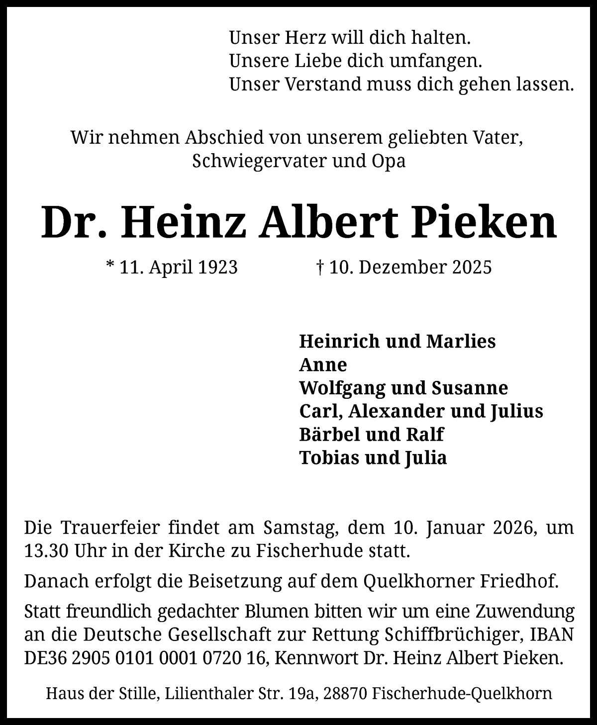 Traueranzeige von Heinz Albert Pieken von WESER-KURIER