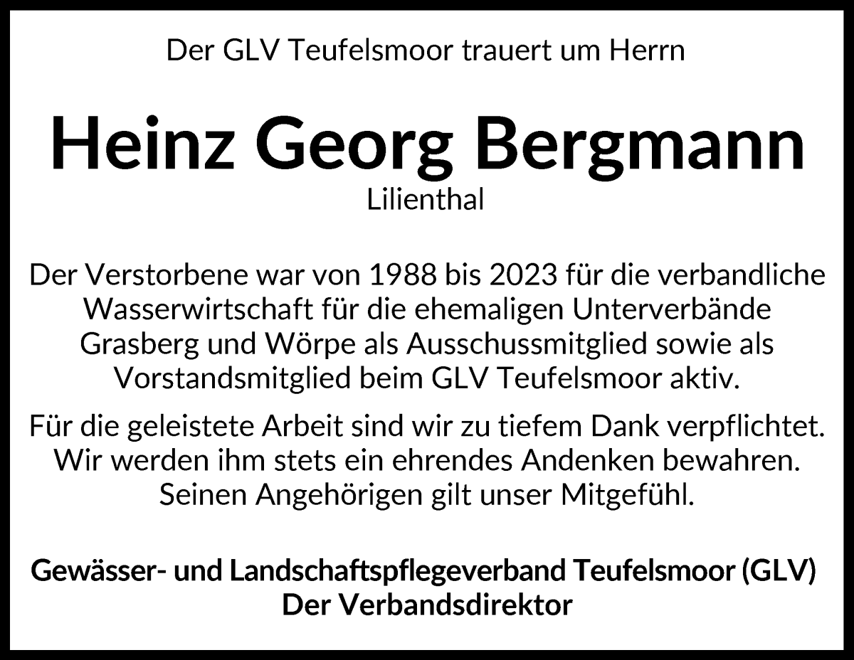 Traueranzeige von Heinz Georg Bergmann von Wuemme Zeitung