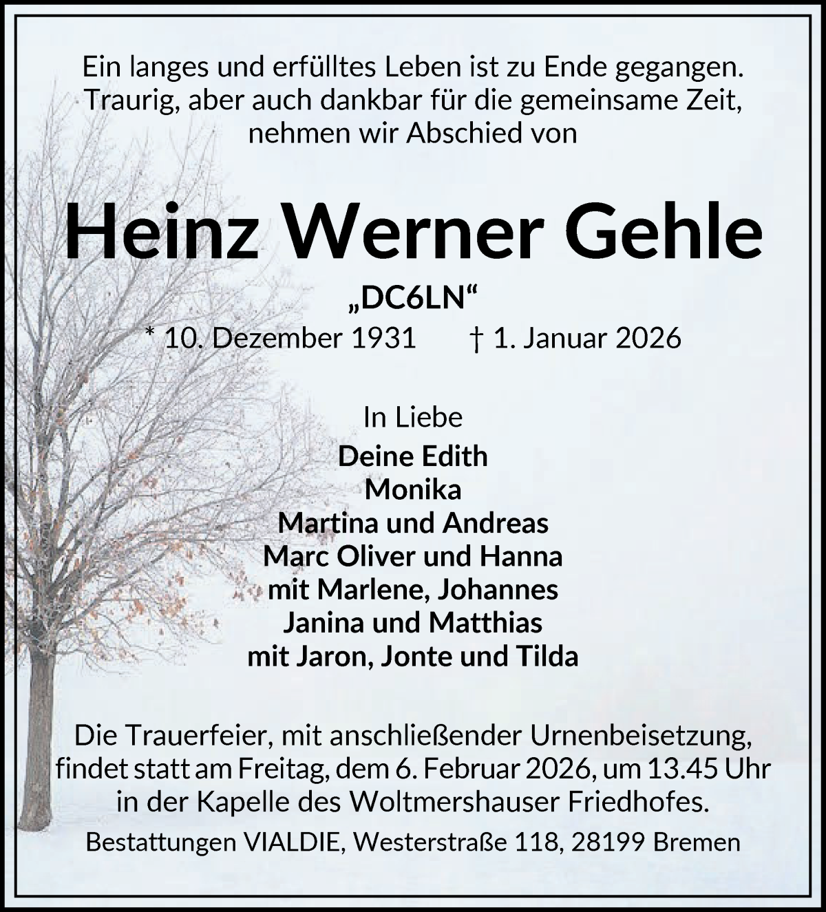 Traueranzeige von Heinz Werner Gehle von WESER-KURIER