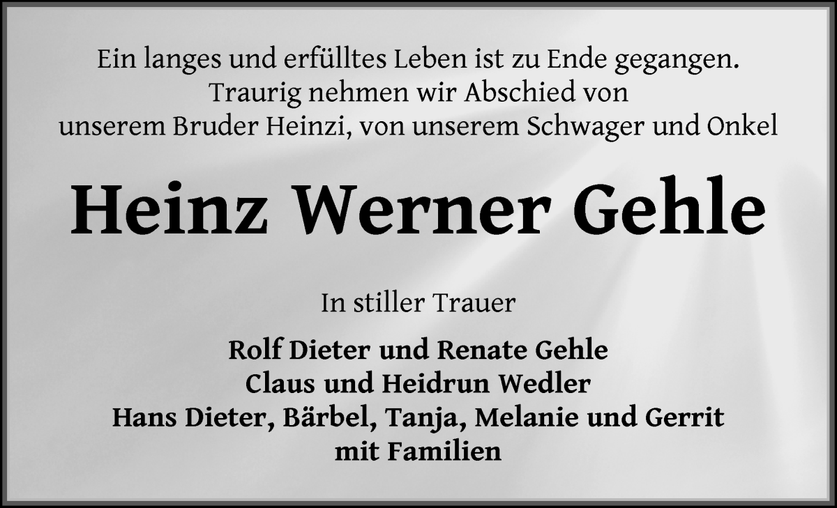 Traueranzeige von Heinz Werner Gehle von WESER-KURIER