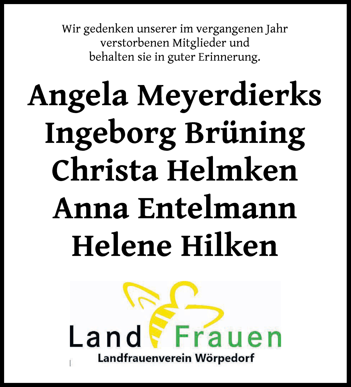 Traueranzeige von Helene Hilken von Wuemme Zeitung