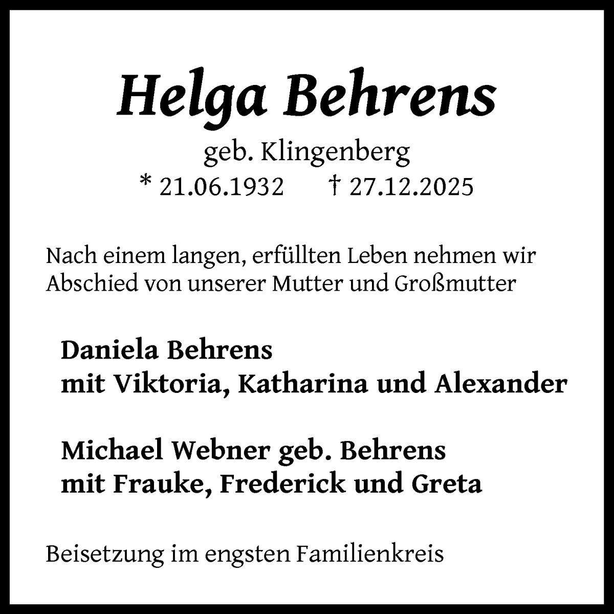 Traueranzeige von Helga Behrens von WESER-KURIER