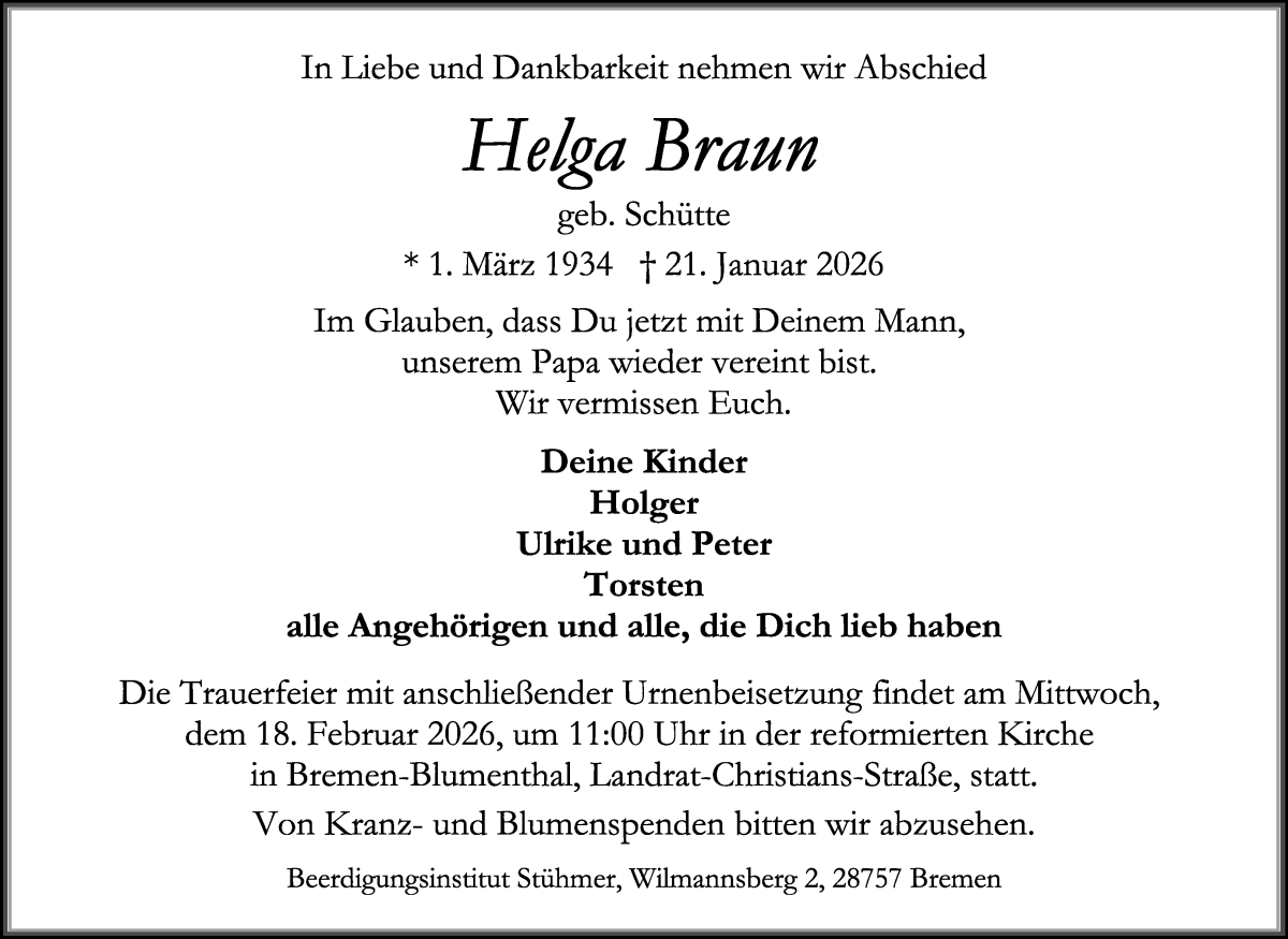 Traueranzeige von Helga Braun von Die Norddeutsche