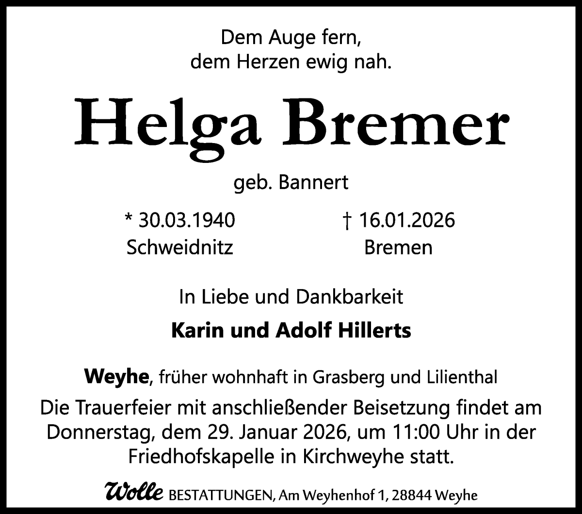 Traueranzeige von Helga Bremer von Regionale Rundschau/Syker Kurier