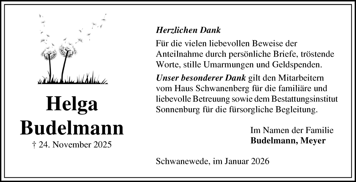 Traueranzeige von Helga Budelmann von Die Norddeutsche