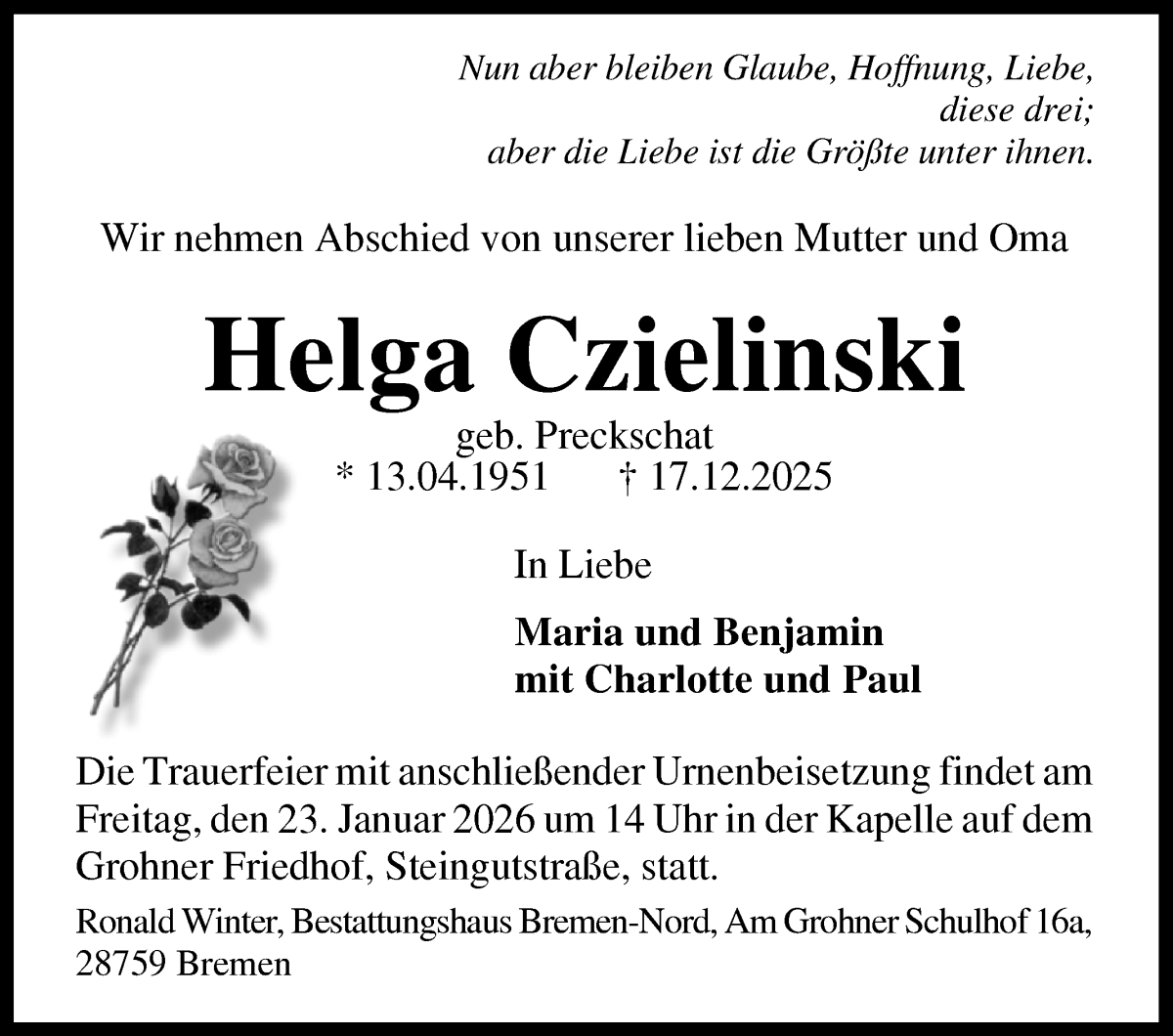 Traueranzeige von Helga Czielinski von WESER-KURIER