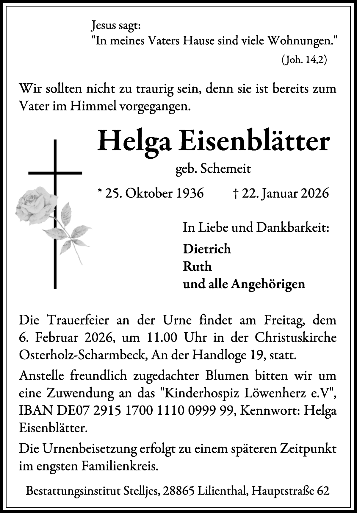 Traueranzeige von Helga Eisenblätter von Wuemme Zeitung