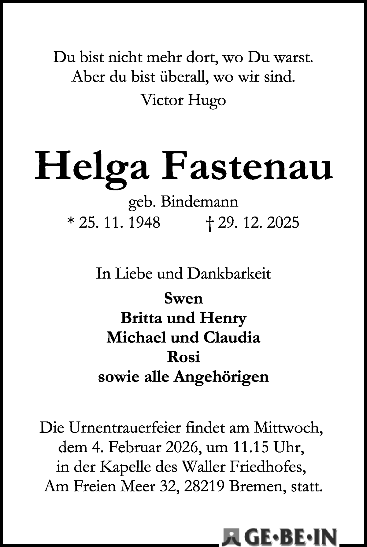 Traueranzeige von Helga Fastenau von WESER-KURIER