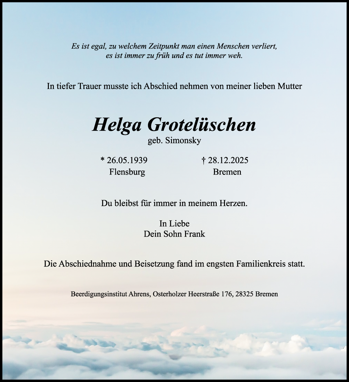 Traueranzeige von Helga Grotelüschen von WESER-KURIER