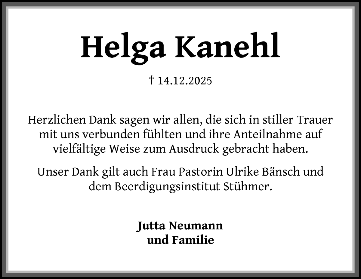 Traueranzeige von Helga Kanehl von Die Norddeutsche