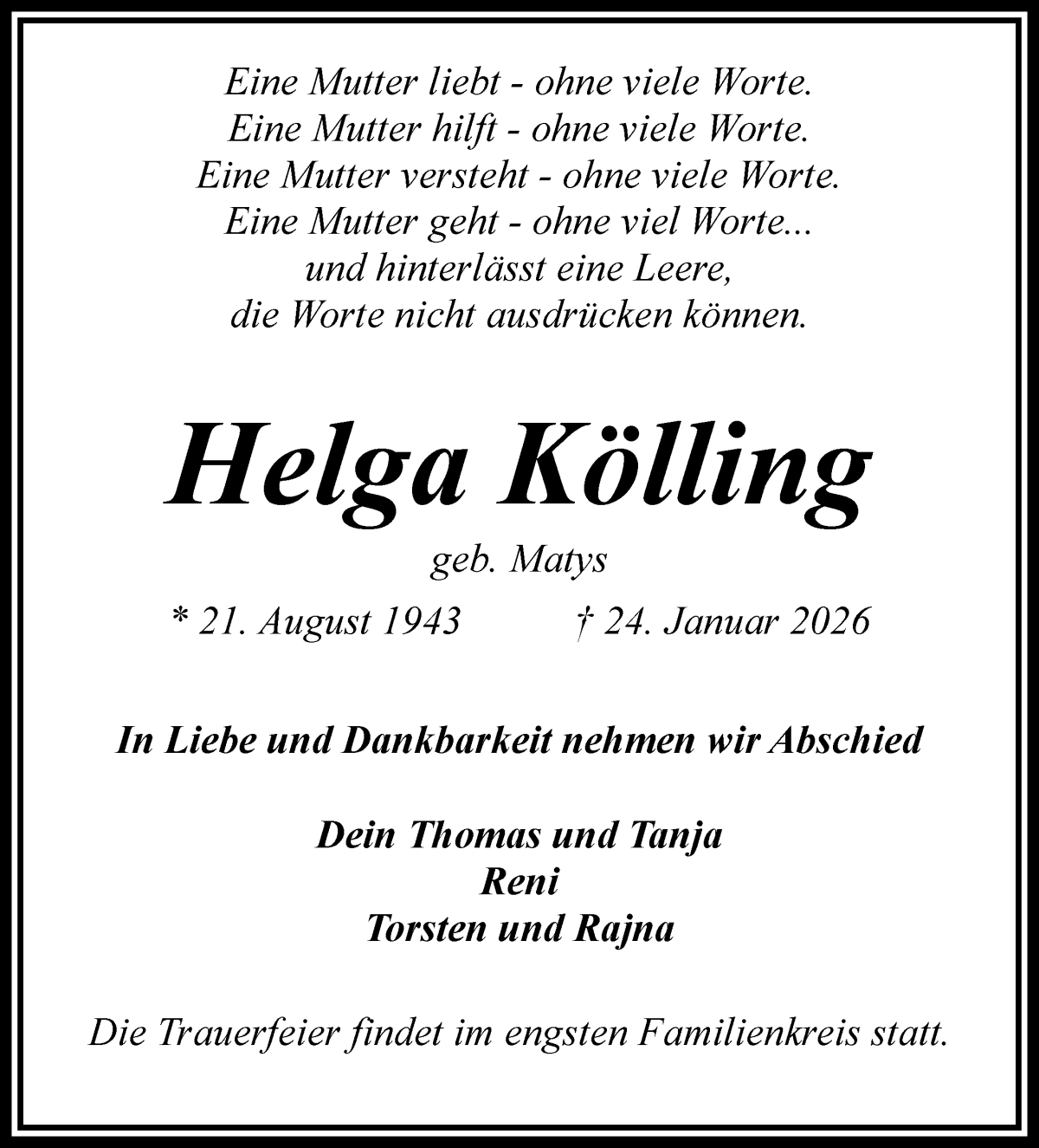 Traueranzeige von Helga Kölling von WESER-KURIER