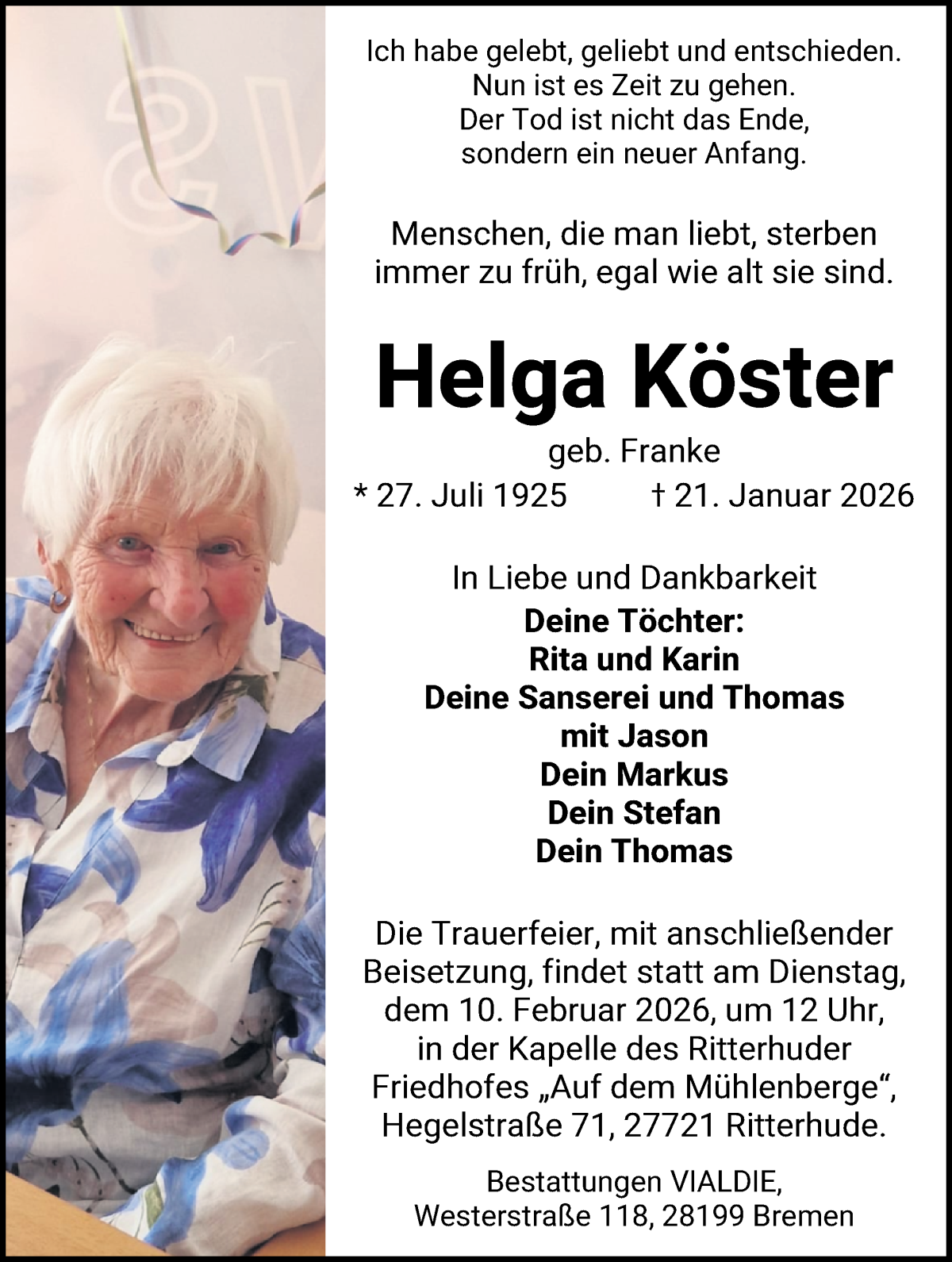 Traueranzeige von Helga Köster von WESER-KURIER