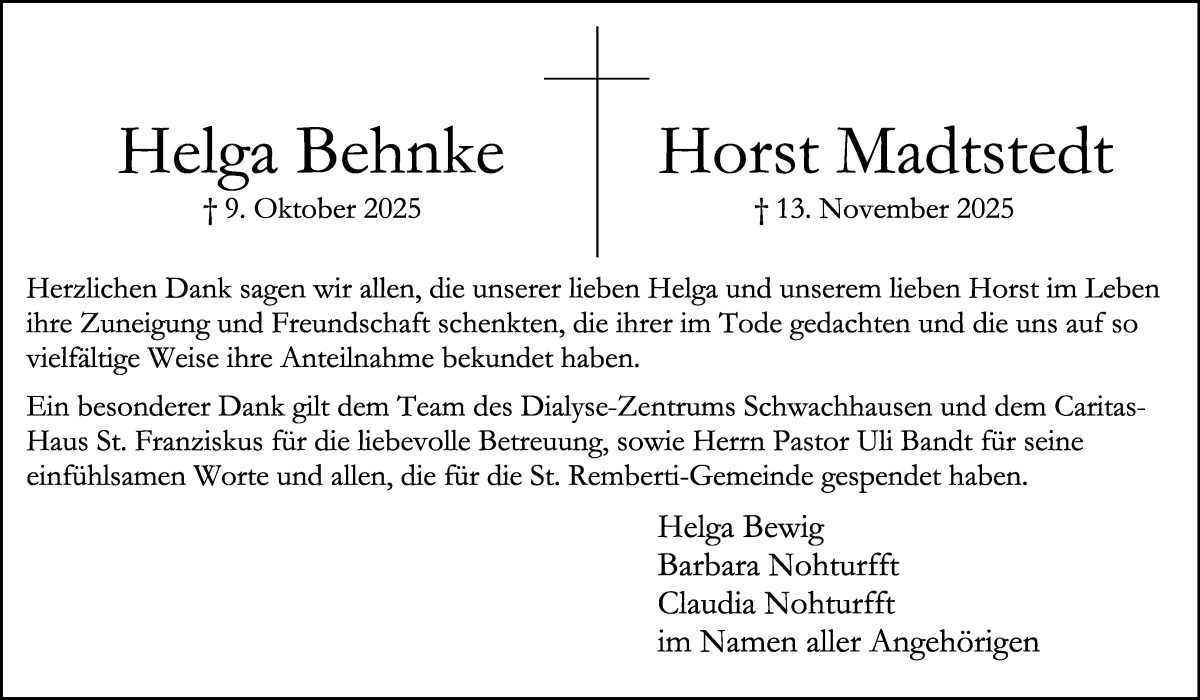 Traueranzeige von Helga Madtstedt von WESER-KURIER