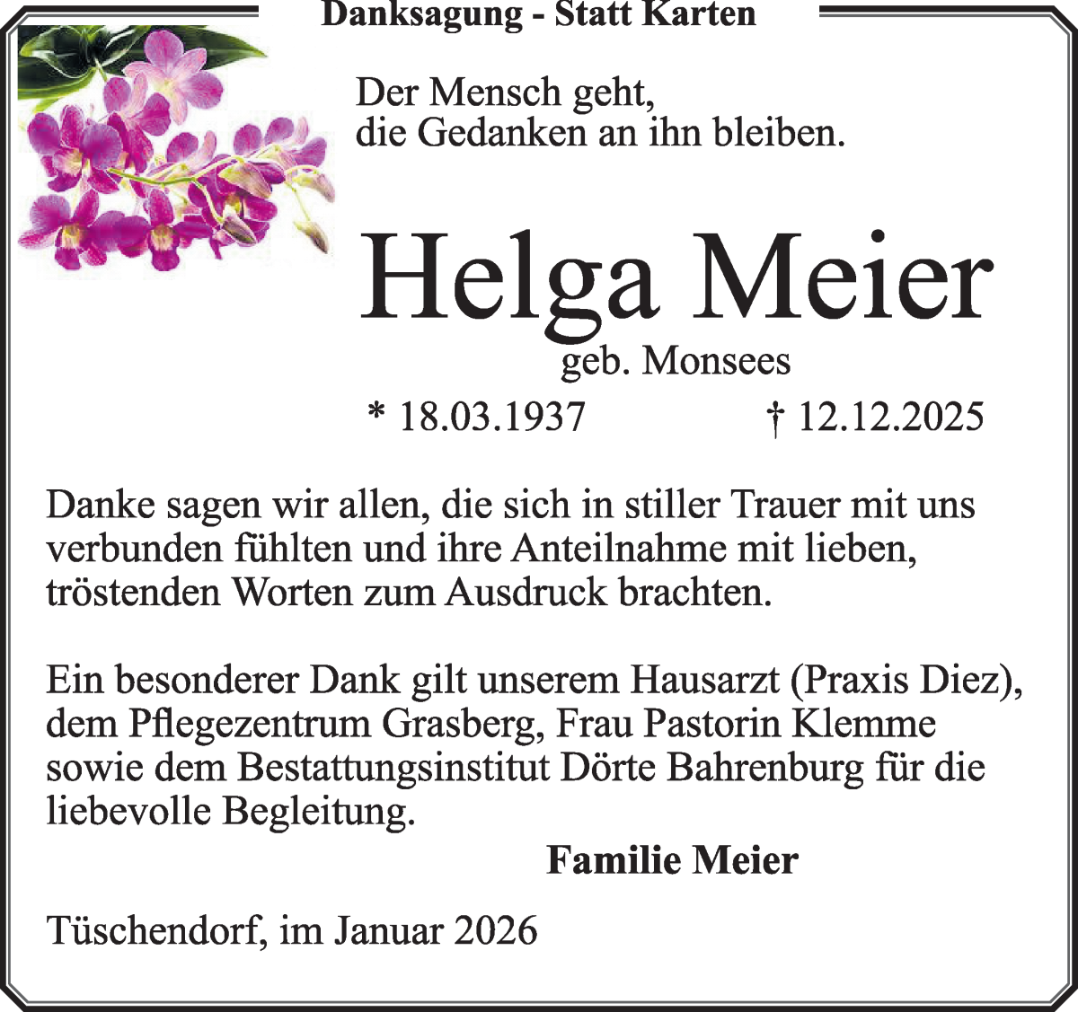 Traueranzeige von Helga Meier von Wuemme Zeitung