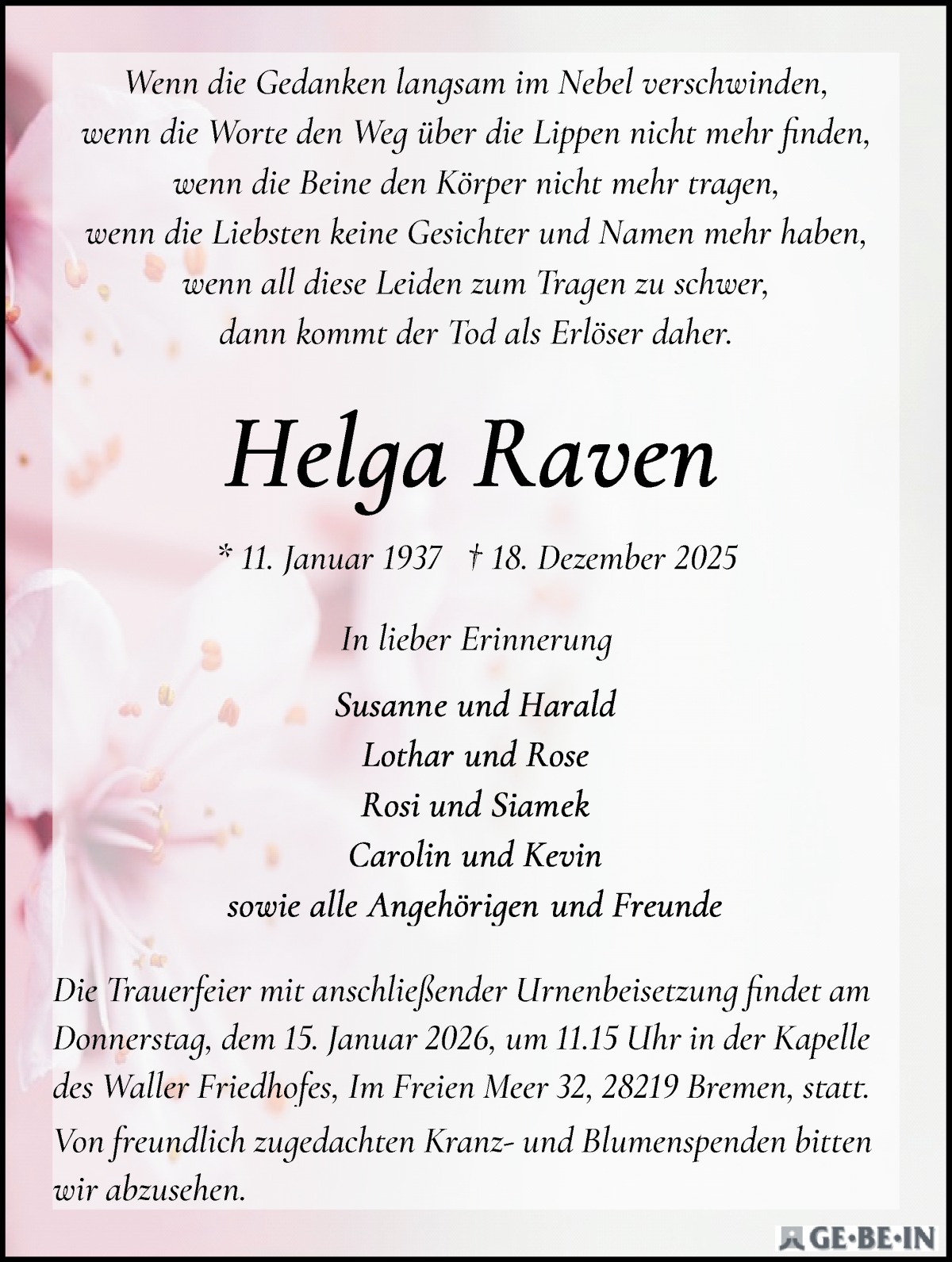  Traueranzeige für Helga Raven vom 03.01.2026 aus WESER-KURIER