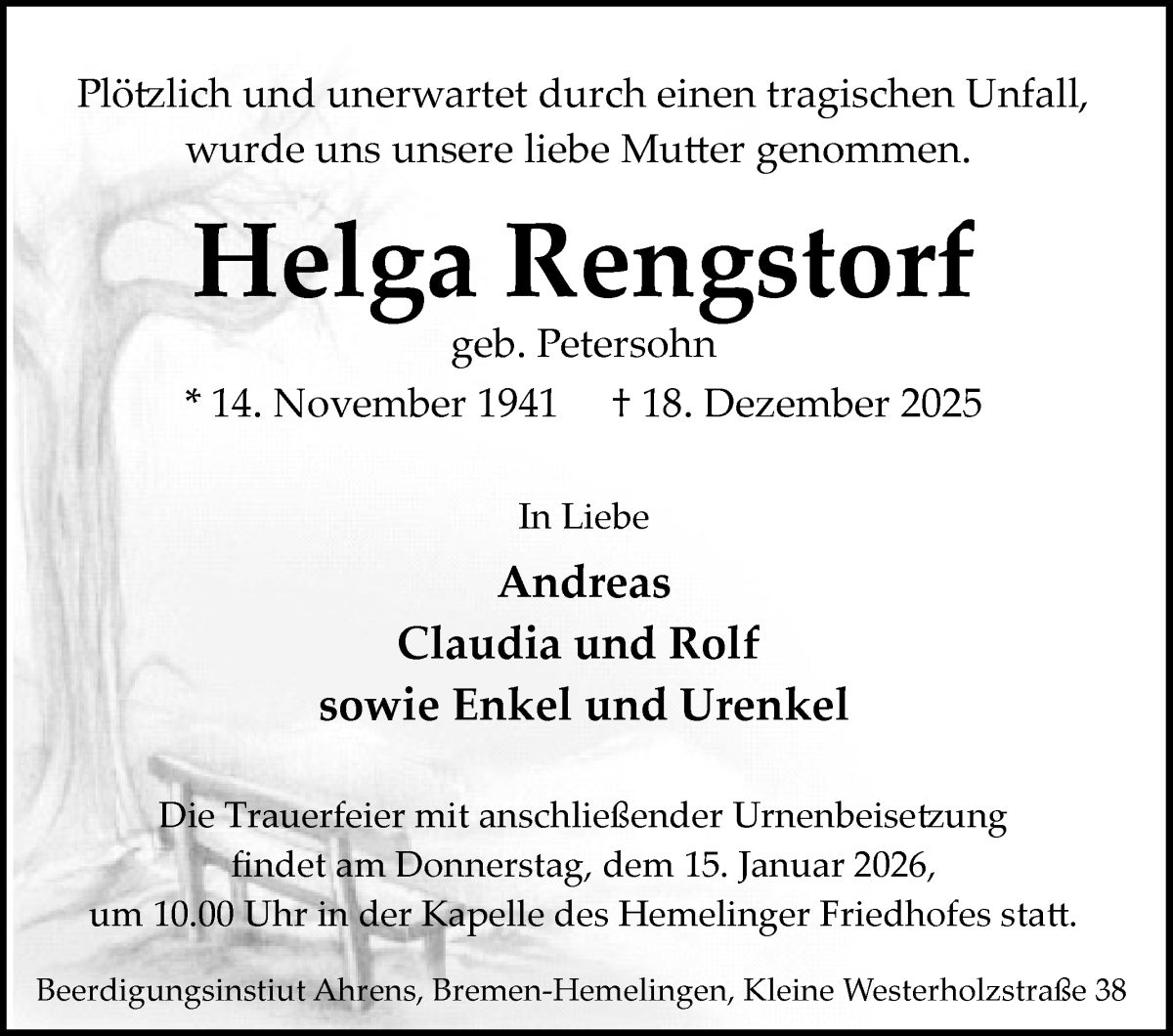 Traueranzeige von Helga Rengstorf von WESER-KURIER