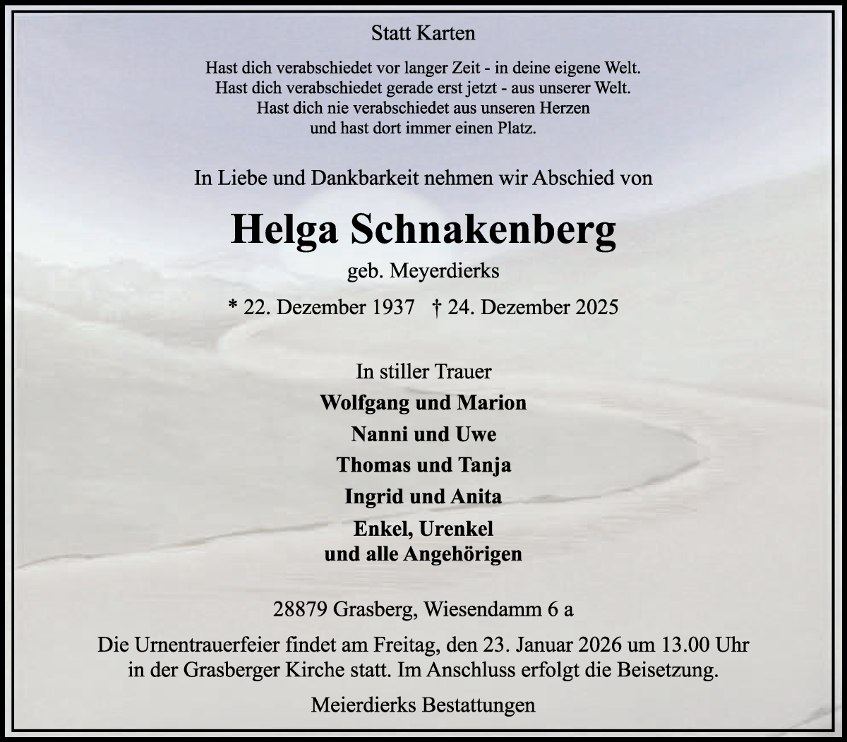 Traueranzeige von Helga Schnakenberg von Wuemme Zeitung