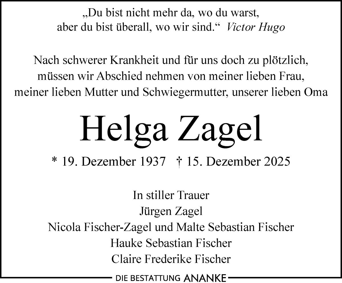 Traueranzeige von Helga Zagel von Regionale Rundschau/Syker Kurier