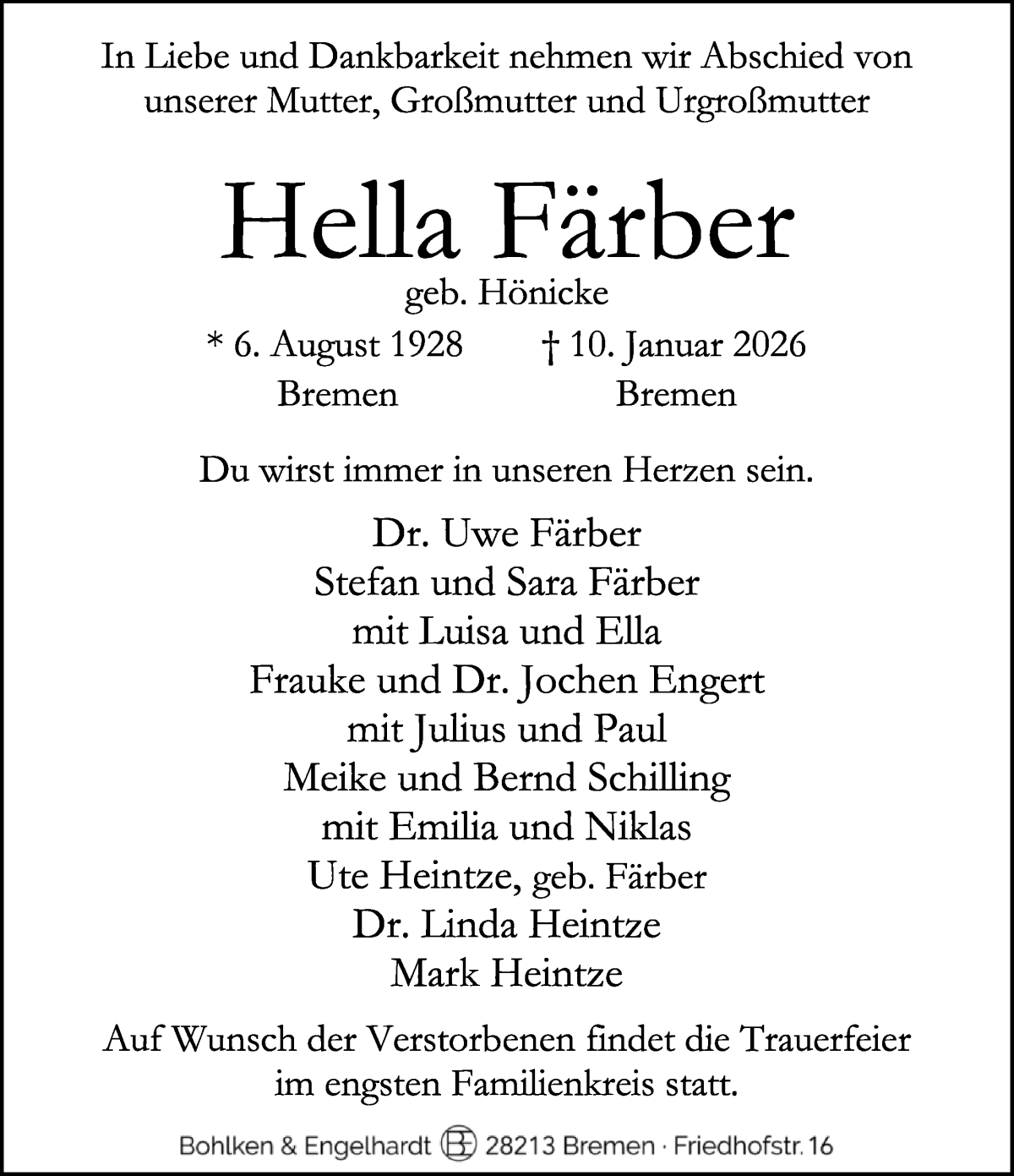  Traueranzeige für Hella Färber vom 17.01.2026 aus WESER-KURIER