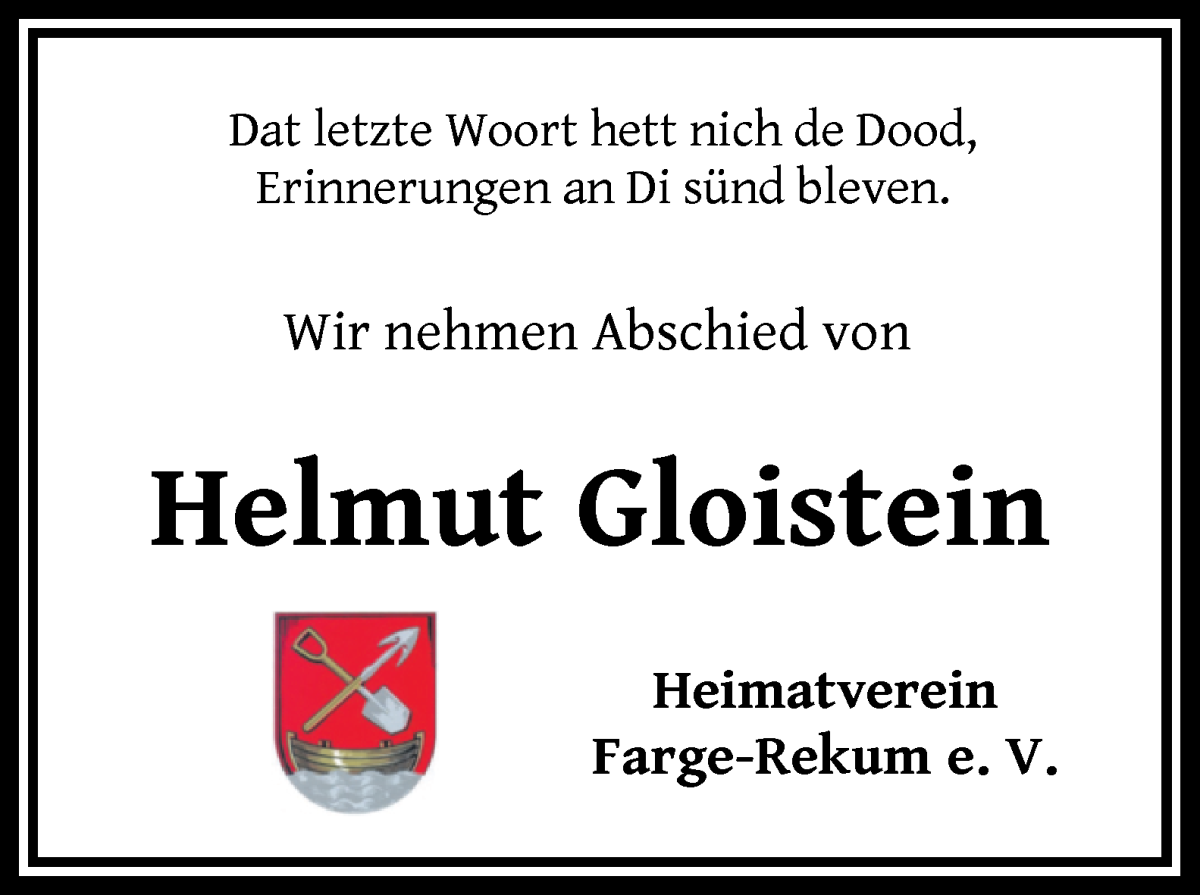 Traueranzeige von Helmut Gloistein von Die Norddeutsche