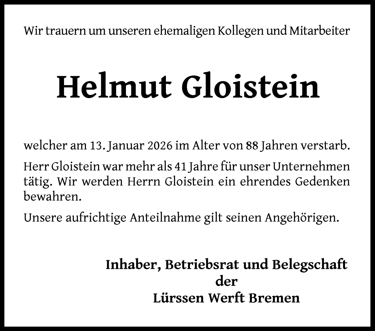 Traueranzeige von Helmut Gloistein von Die Norddeutsche
