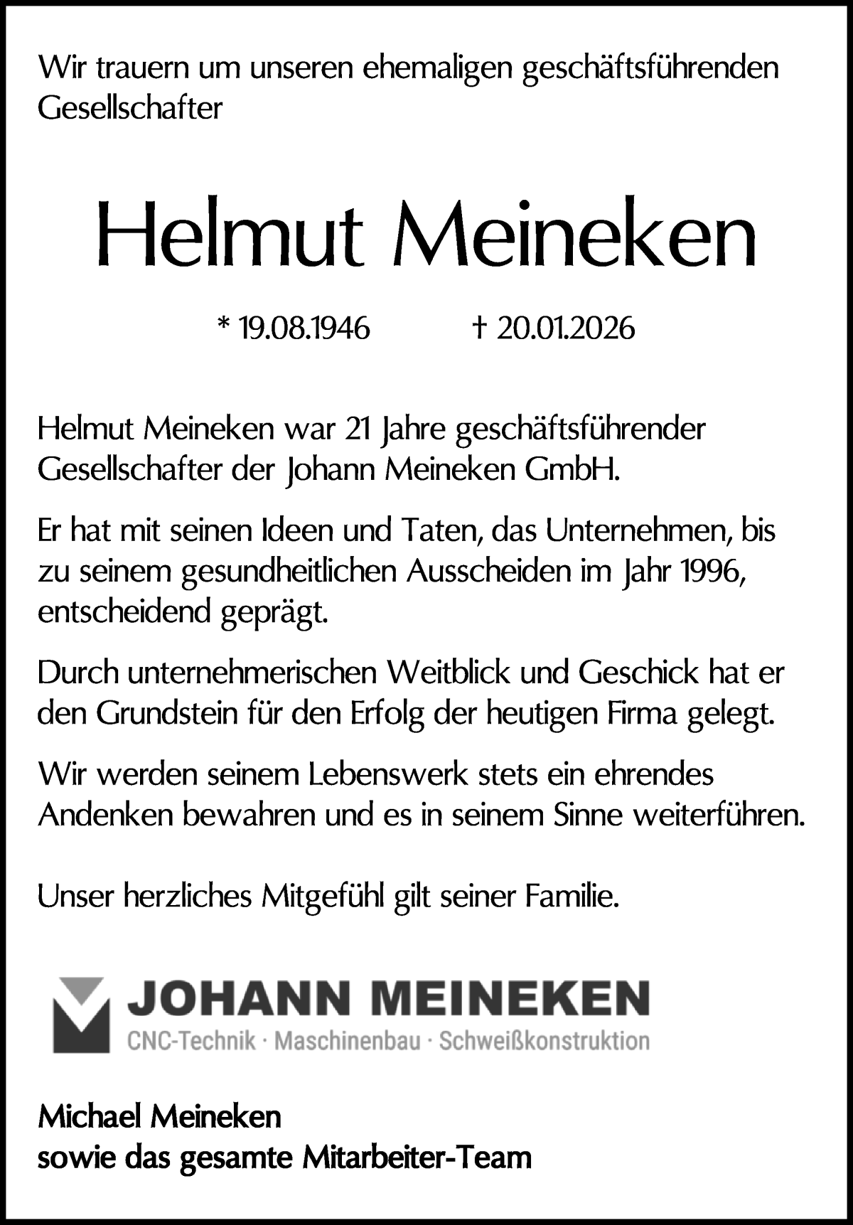 Traueranzeige von Helmut Meineken von WESER-KURIER