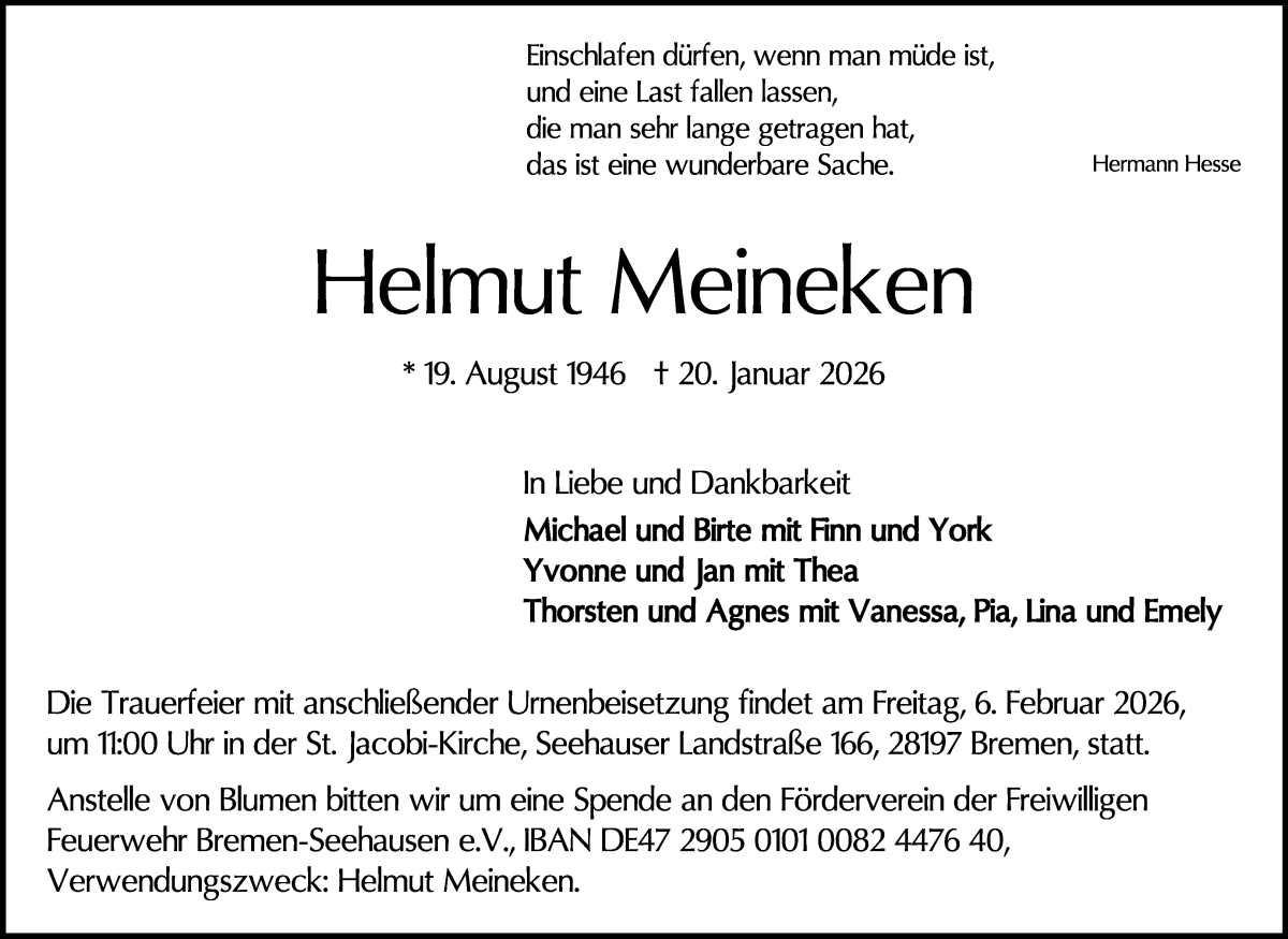 Traueranzeige von Helmut Meineken von WESER-KURIER