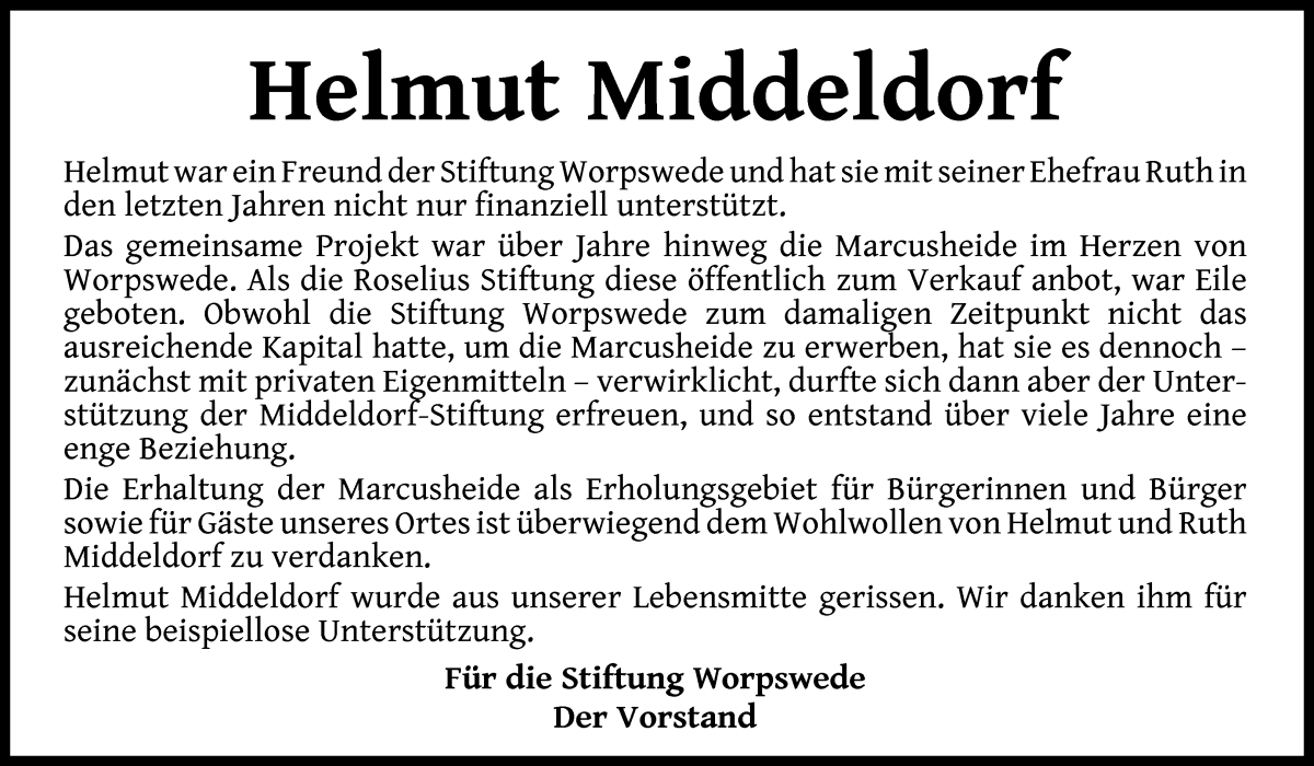 Traueranzeige von Helmut Middeldorf von Wuemme Zeitung