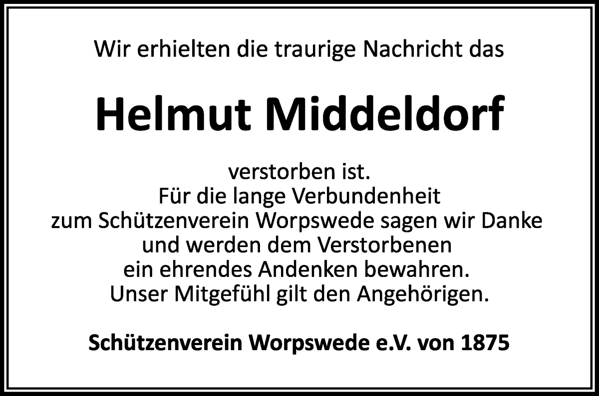 Traueranzeige von Helmut Middeldorf von Wuemme Zeitung