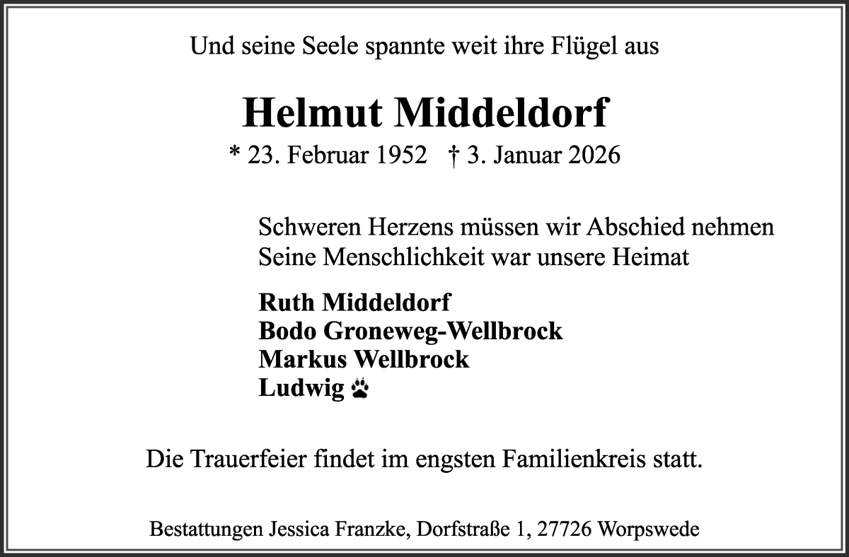 Traueranzeige von Helmut Middeldorf von Wuemme Zeitung