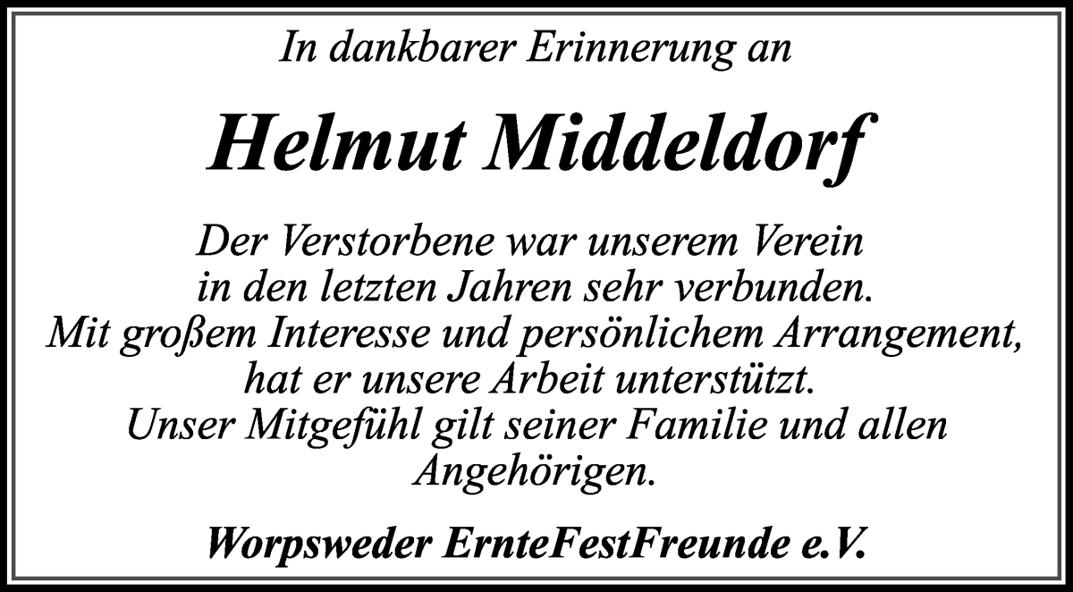 Traueranzeige von Helmut Middeldorf von Wuemme Zeitung