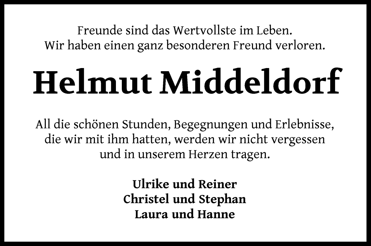 Traueranzeige von Helmut Middeldorf von Wuemme Zeitung