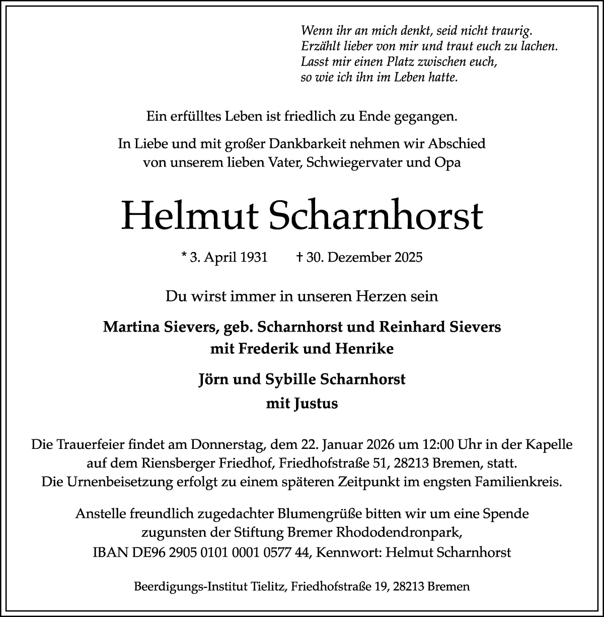 Traueranzeige von Helmut Scharnhorst von WESER-KURIER