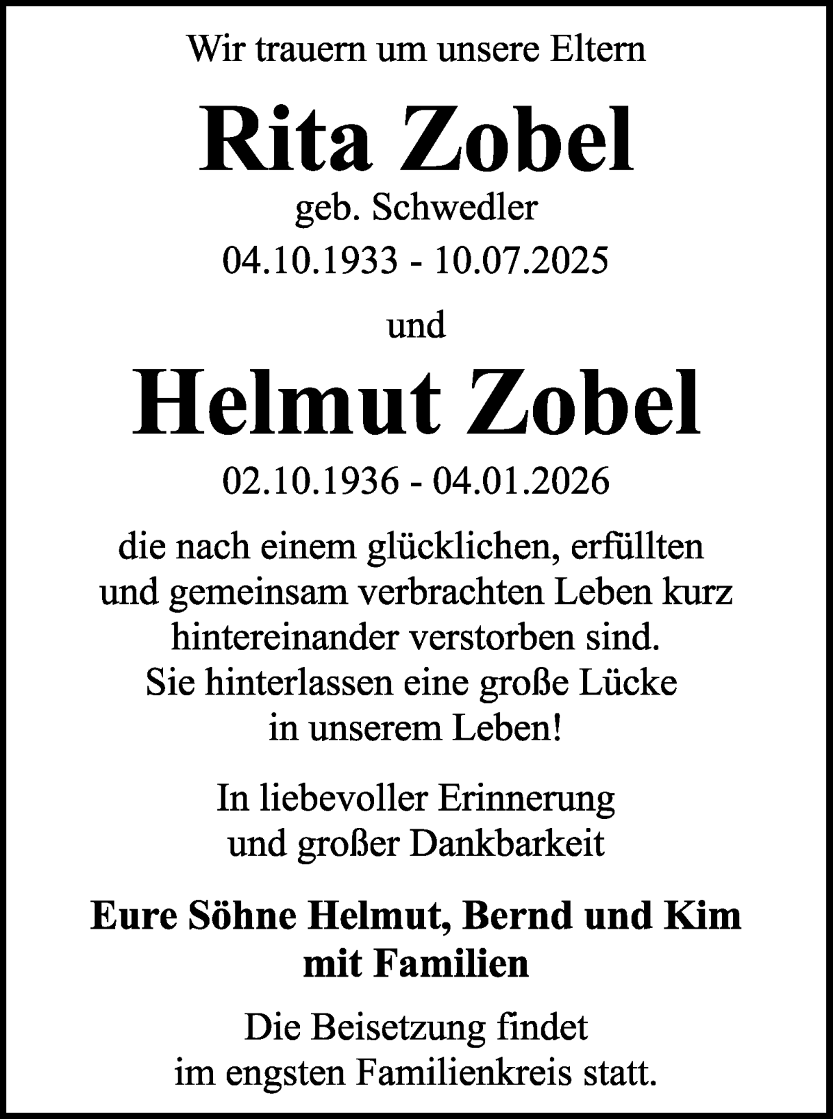Traueranzeige von Helmut Zobel von WESER-KURIER