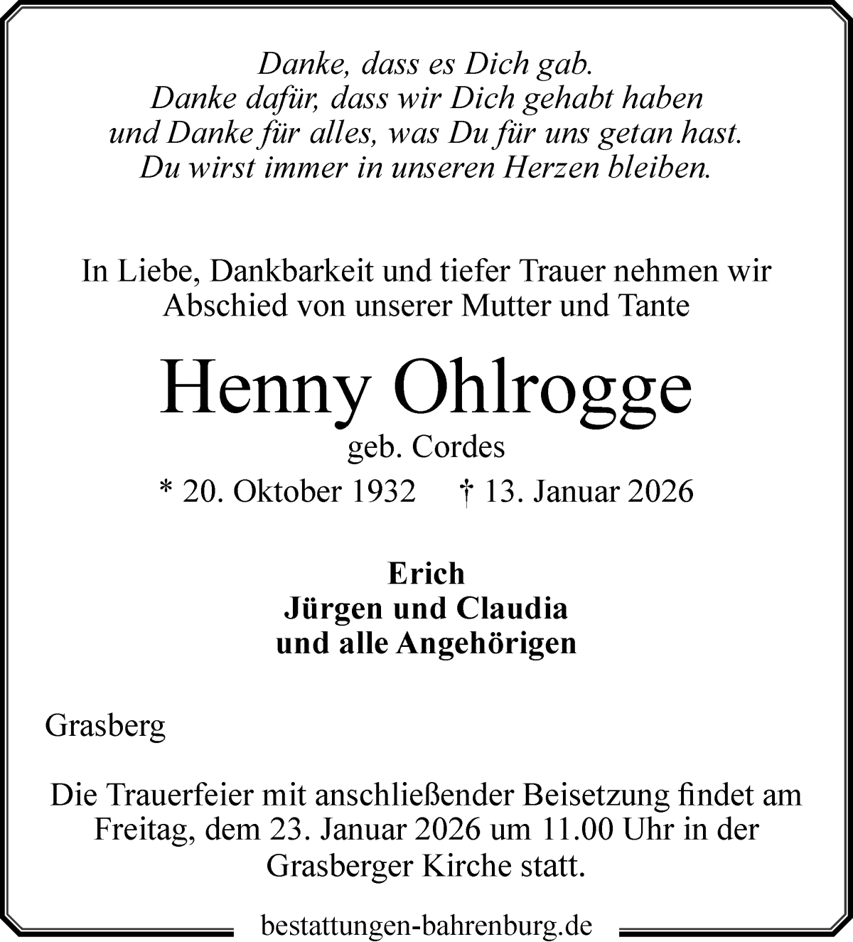 Traueranzeige von Henny Ohlrogge von Wuemme Zeitung
