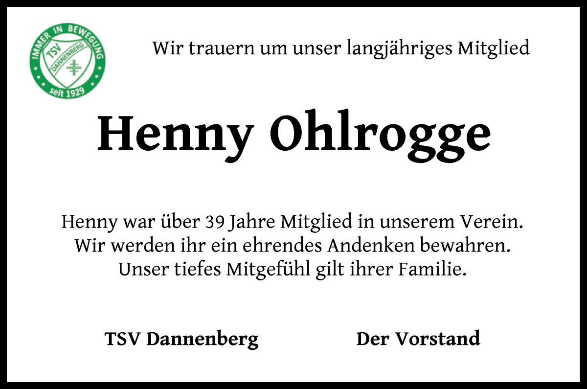 Traueranzeige von Henny Ohlrogge von Wuemme Zeitung