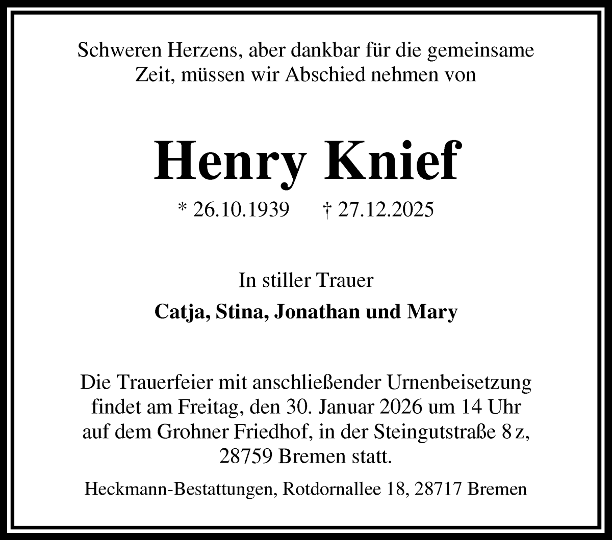 Traueranzeige von Henry Knief von Die Norddeutsche