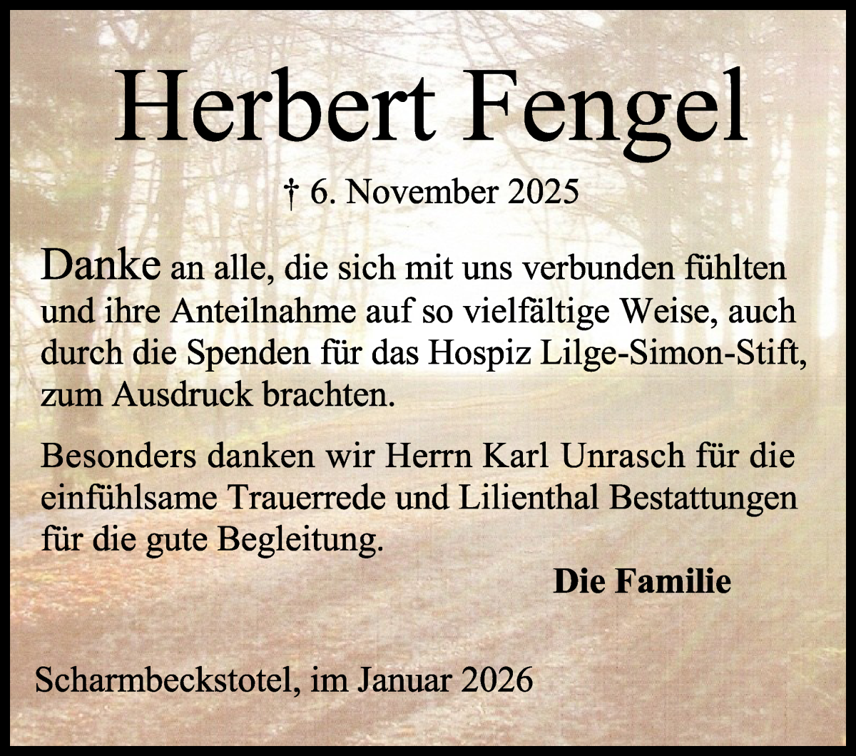 Traueranzeige von Herbert Fengel von Osterholzer Kreisblatt