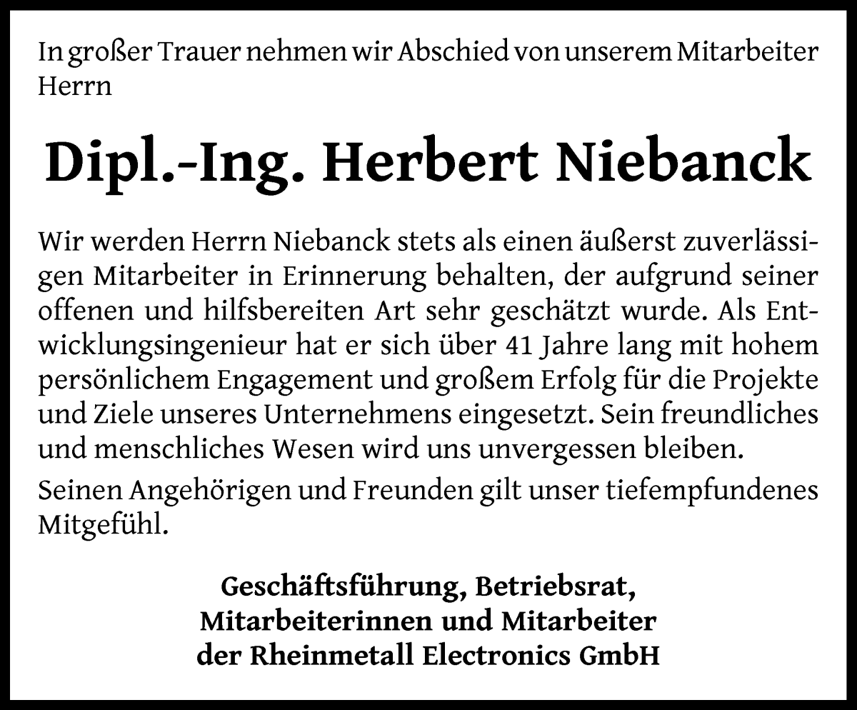 Traueranzeige von Herbert Niebanck von WESER-KURIER