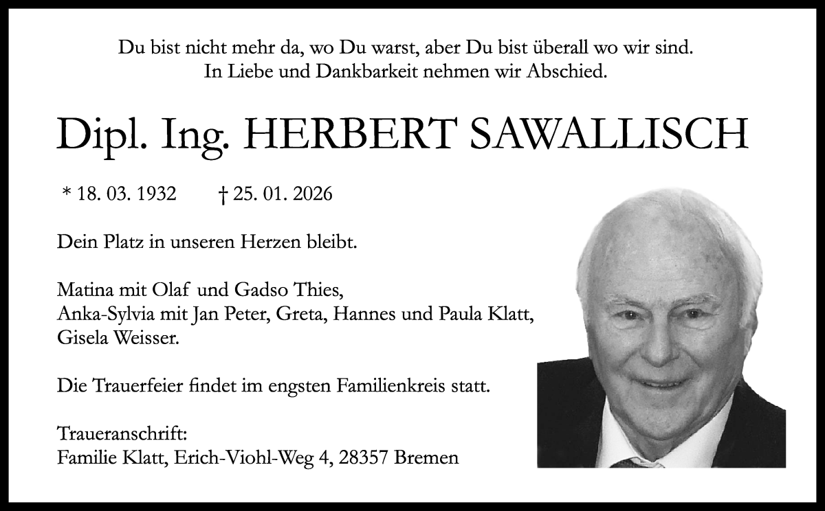 Traueranzeige von Herbert Sawallisch von WESER-KURIER