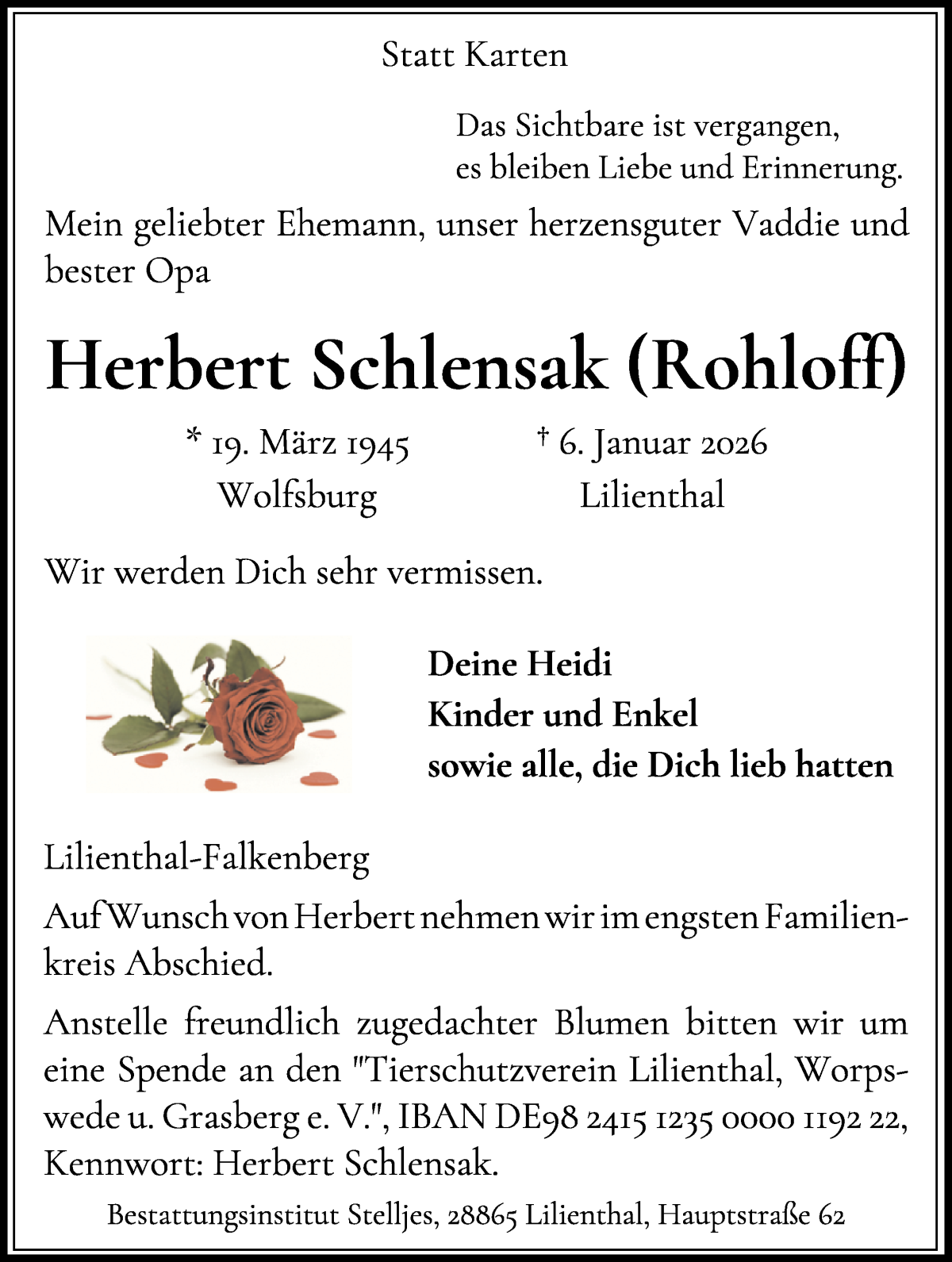 Traueranzeige von Herbert Schlensak von Wuemme Zeitung