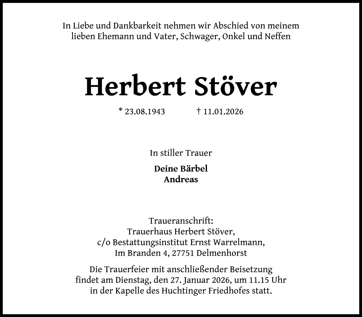 Traueranzeige von Herbert Stöver von WESER-KURIER
