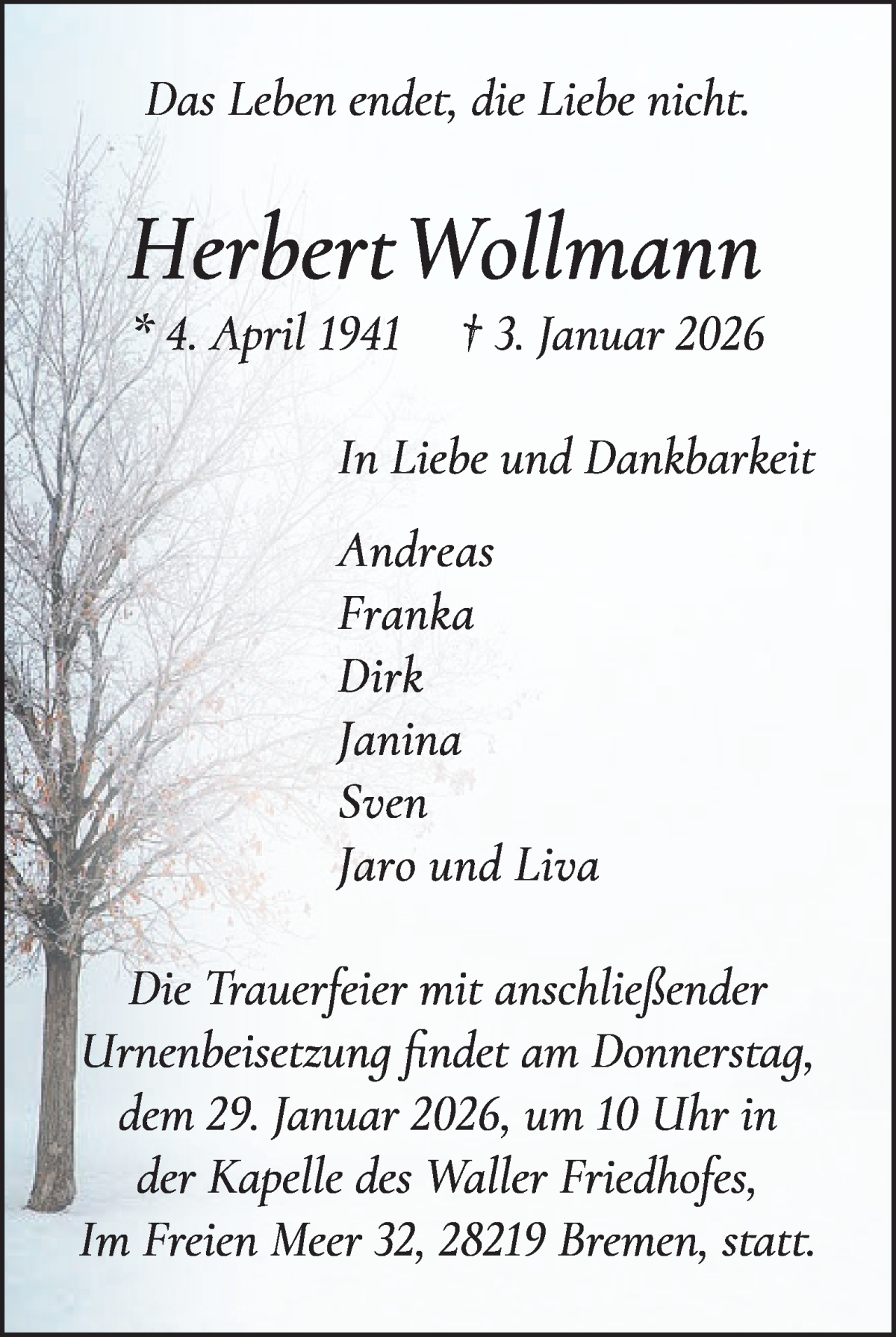  Traueranzeige für Herbert Wollmann vom 17.01.2026 aus WESER-KURIER